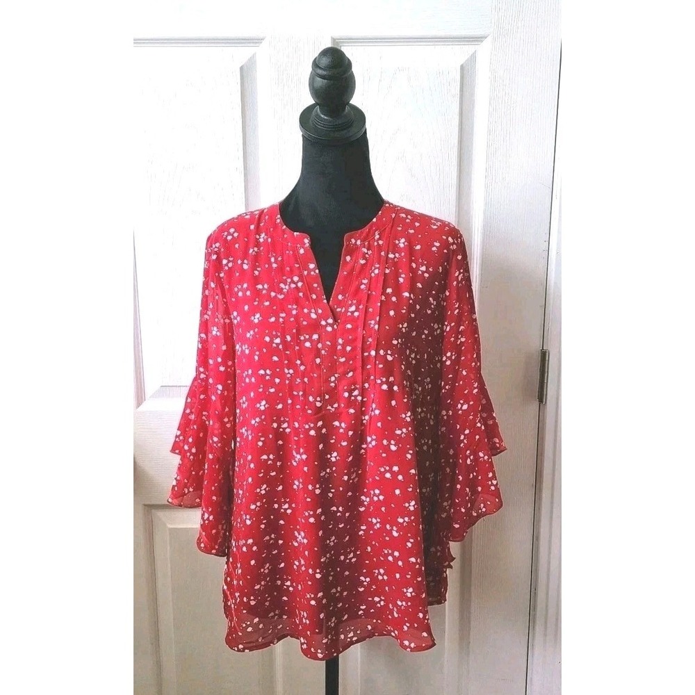 Women's Blouse by Timeson with Bracelet/Flutter Sleeve in Red & White, Size MD